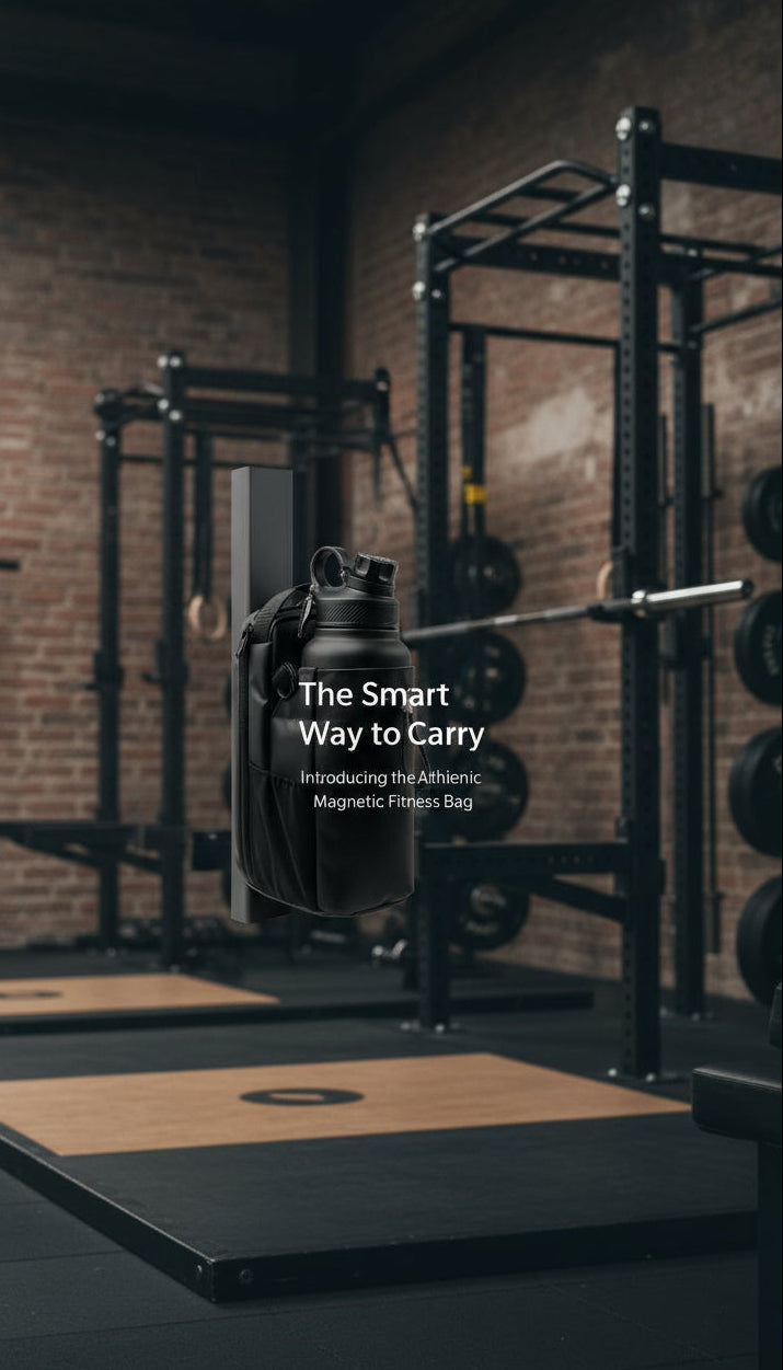 Magnetic fitness bag in a gym setting with text overlay.